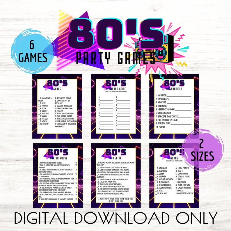 May include: A set of six 80's themed party games with neon pink, blue, and yellow accents. The games include: 80's Slang, Alphabet Game, Scramble, True or False, Timeline, and Songs. The text "80's Party Games" is at the top of the image.