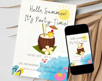 Summer Theme Party Invitation, Printable Beach Party Invite, Hello Summer It's Party Time Digital Invite, Pool Theme Party Invite for Kids
