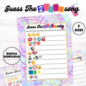 May include: A printable game sheet titled "Guess The 2000s song" with colorful graphics and clues. The sheet includes the text "Digital Download" and "2 Sizes". The background has a pastel, abstract design.