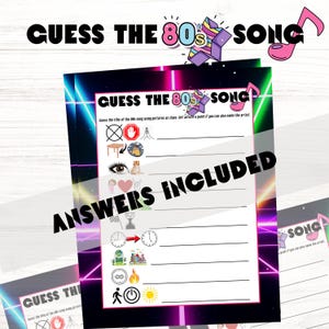 Puede incluir: Un juego de preguntas y respuestas sobre m&uacute;sica de los 80 para imprimir, con un fondo de color rosa y azul ne&oacute;n. El juego incluye una lista de canciones de los 80 con im&aacute;genes correspondientes como pistas. El texto "ANSWERS INCLUDED" est&aacute; en un cuadro negro.