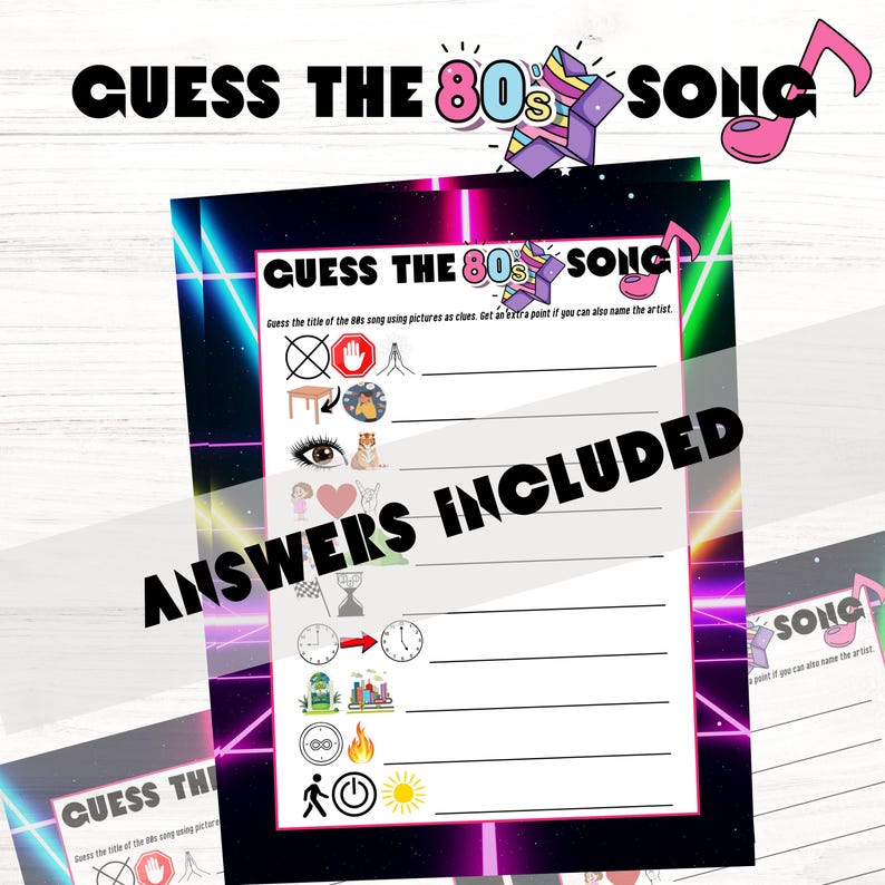 Puede incluir: Un juego de preguntas y respuestas sobre m&uacute;sica de los 80 para imprimir, con un fondo de color rosa y azul ne&oacute;n. El juego incluye una lista de canciones de los 80 con im&aacute;genes correspondientes como pistas. El texto "ANSWERS INCLUDED" est&aacute; en un cuadro negro.