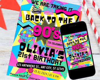Ritorno agli anni '90 Invito festa di compleanno, Invito stampabile per festa di compleanno a tema anni '90, Invito digitale festa di ritorno al passato del 1990, Tema retrò anni '90
