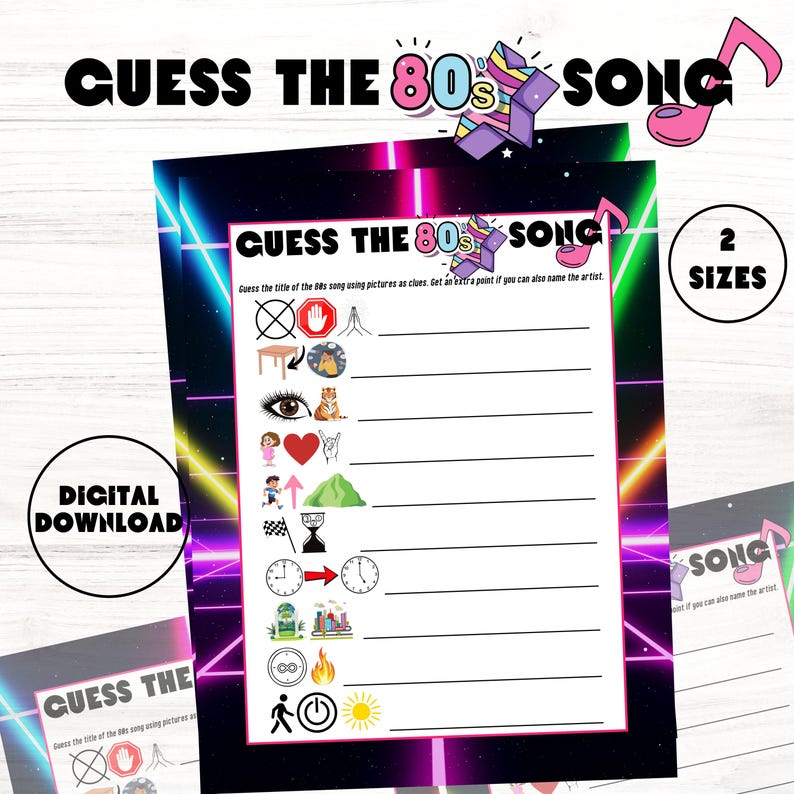 Puede incluir: Un juego de preguntas y respuestas sobre m&uacute;sica de los 80 para imprimir con un fondo de color rosa, azul y verde ne&oacute;n. El juego incluye una lista de canciones de los 80 con pistas representadas por im&aacute;genes. El texto "Guess the 80s Song" est&aacute; en la parte superior de la p&aacute;gina.