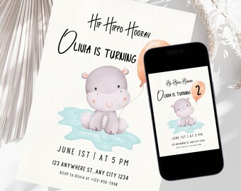 Animal Birthday Party Invitation for Kids, Printable Hip Hippo Hooray Birthday Invite, Jungle Theme Party Digital Invite, Hippo Party Invite