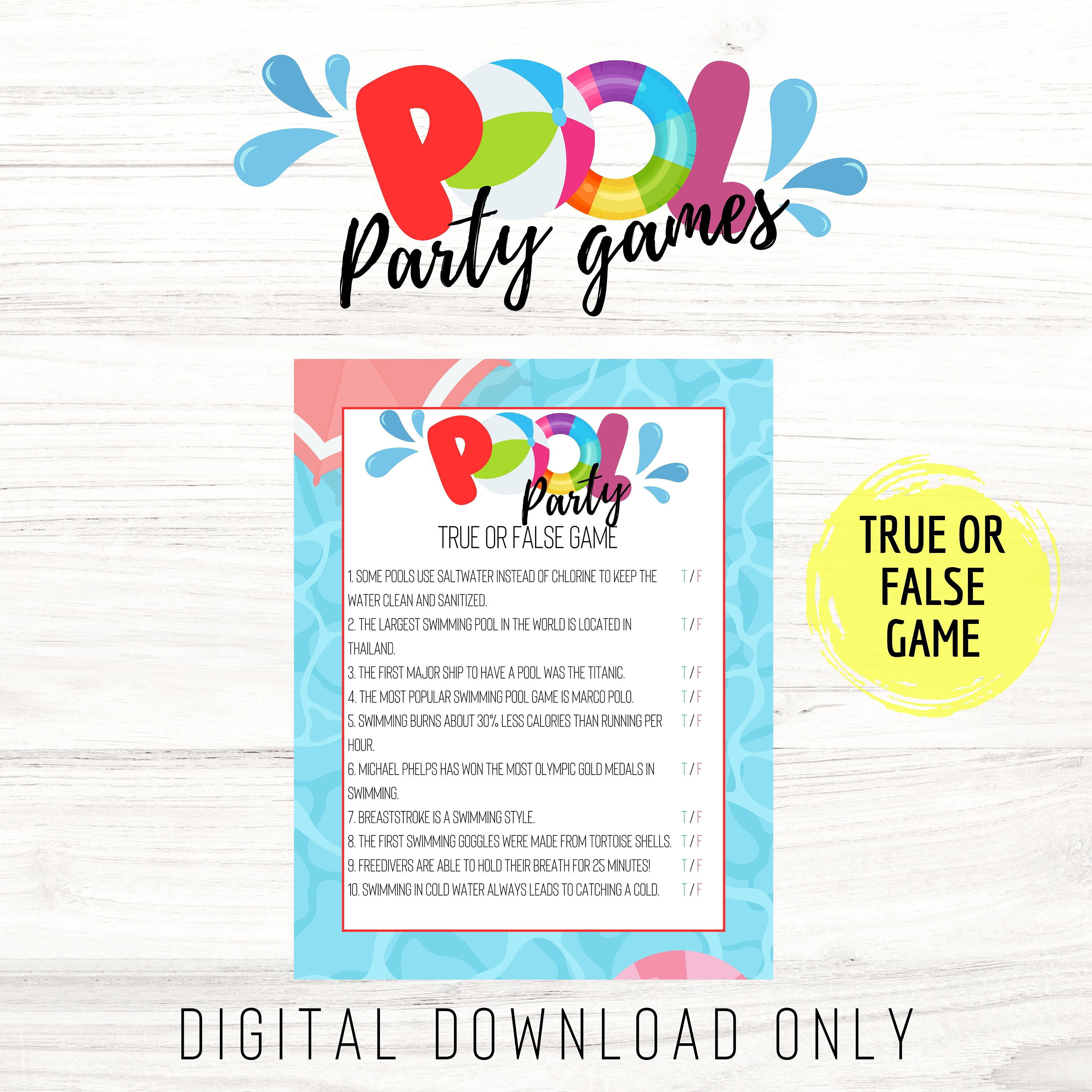 Pool Party Printable Games for Kids, Summer Theme Party Games Bundle