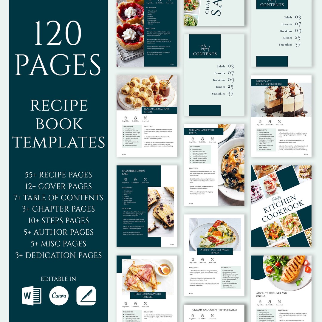 Recipe Book Template for Canva, MS Word and Mac Pages, Classic Editable ...
