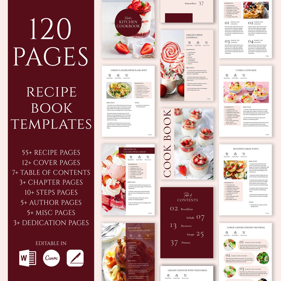 Recipe Book Template for Canva, MS Word and Mac Pages, Classic Editable ...