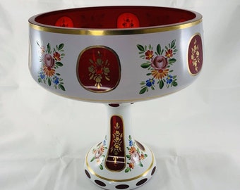 Bohemian Moser Czech Glass White Gold Red Fruit Pedestal Bowl Hand Painted VTG