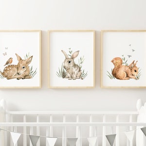 Woodland Animal Nursery Wall Art Prints, Set of 3 Prints, 3 Animal prints, Nursery Decor, Digital Download