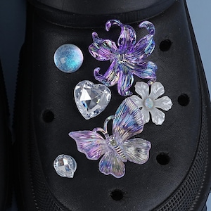Purple Iris Flower Shoe Charms Set,Shiny Butterfly Shoe Charm,Heart Rhinestone Shoe Buckle,Fairy Shoe Accessories,Shoe Ornament,Gift for Her