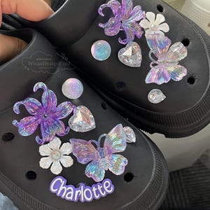 Colorful Purple Laser Iris Flower Butterfly Shoe Charms Set,Shining Shoe Buckles with Custom Name,Fairy Shoe Accessories,Shoe Ornament,Gift