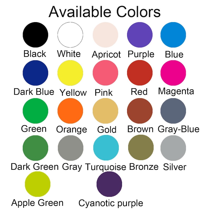 May include: A chart displaying 18 different colour options. The colours are arranged in rows and labelled with their names. The colours include black, white, apricot, purple, blue, dark blue, yellow, pink, red, magenta, green, orange, gold, brown, grey-blue, dark green, grey, turquoise, bronze, silver, apple green, and cyanotic purple.