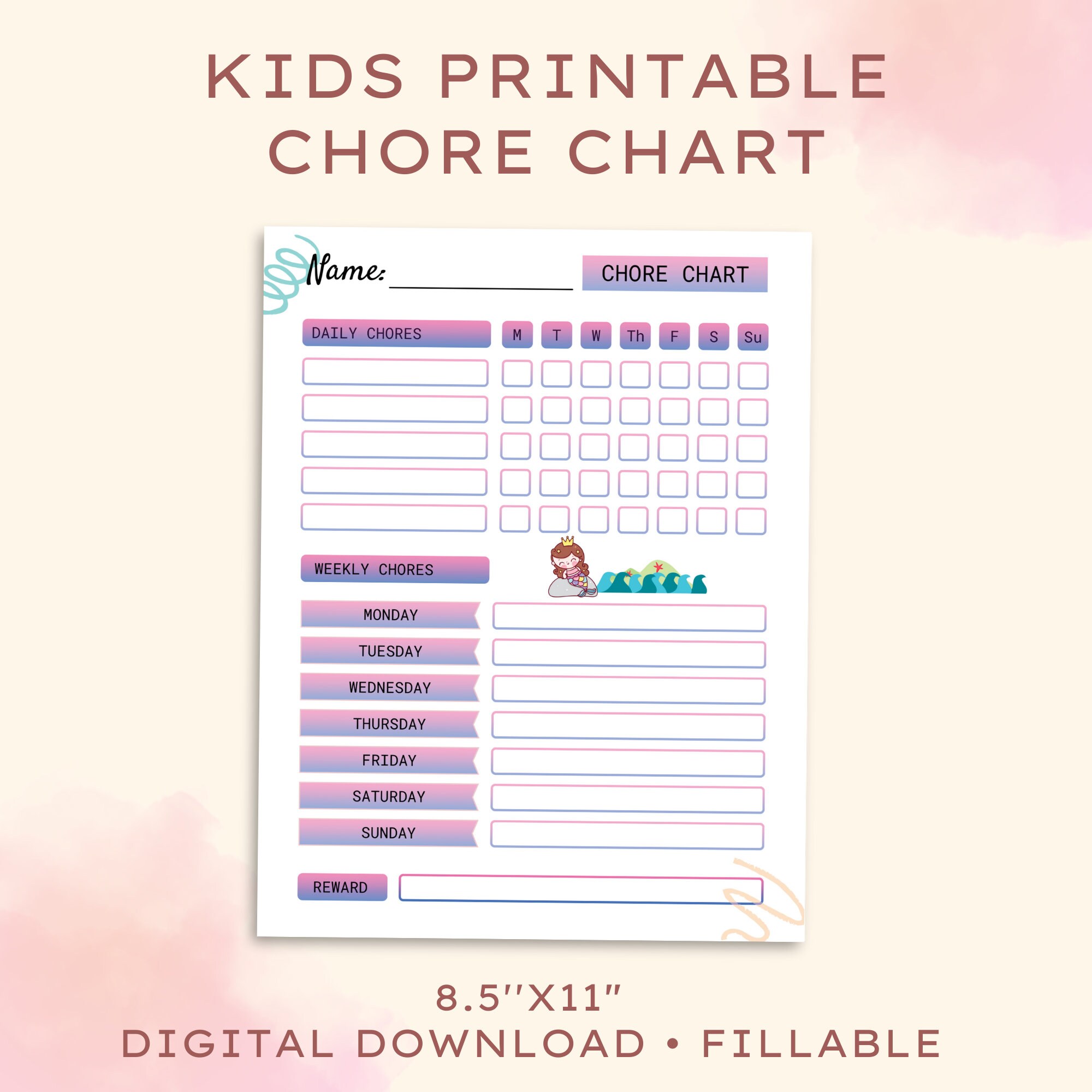 Kids Chore Charts, Fillable PDF Printable - Etsy