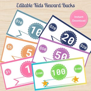 EDITABLE Kids Reward Bucks, Printable Play Money, Kids Chore Bucks, Reward System for Kids, Pretend Play Money, Homeschool Printable
