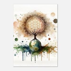Baum und Blume des Lebens Nr.1 in Symbiose mit Erde, Classic Matte Paper Poster, mit/ohne Rahmen, Wohndeko Wandbild, Meditation Yoga Poster