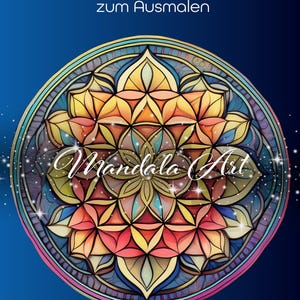 May include: Digital art print featuring a colorful mandala design with the text "Mandala Art." The image has a blue background with the text "33 spirituelle motive zum Ausmalen" at the top. The words "Digital Edition" are at the bottom.