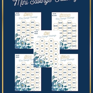 Könnte beinhalten: Digitaler Download eines Mini-Spar-Challenge-Bundles. Das Design zeigt einen marineblauen Hintergrund mit goldenen Akzenten und floralen Elementen. Enthält Herausforderungen zum Sparen von 5 €, 10 €, 20 €, 50 € und 100 €. Der Text "BUNDLE Mini Savings Challenge" steht oben.
