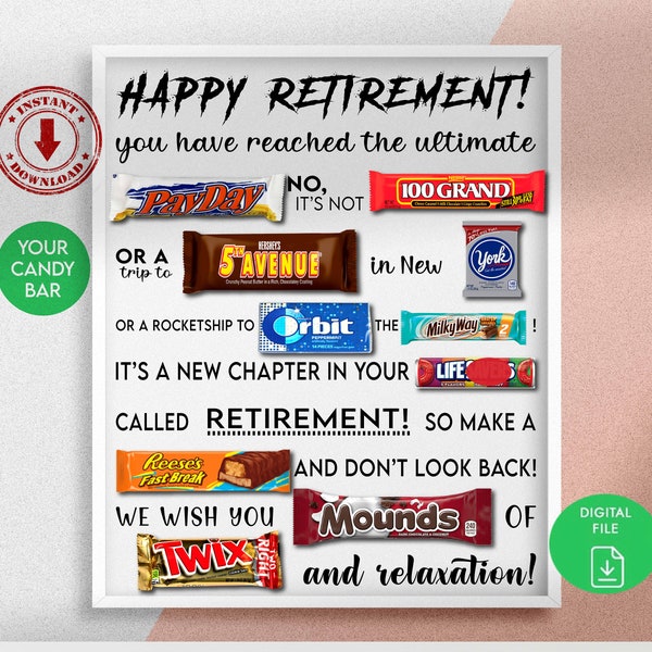 Retirement Candy Bar Poster, Candy Gram Sign PRINTABLE, Gift or Co-worker, Retirement Gift, Gag Gift Ideas, Retirement Printable Poster