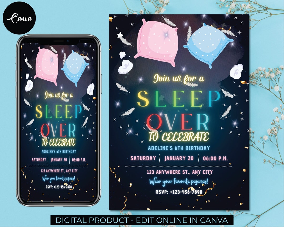 Editable Slumber Party Birthday Invitation, Printable Template Canva ...