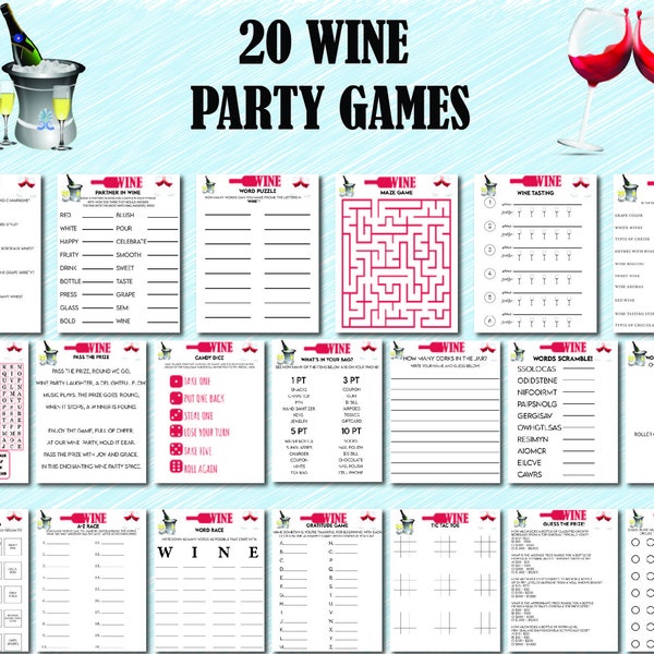 Wine Party Games, Wine Bingo, Wine Tasting Party, Wine Games, Wine Themed Party, Printable Wine Games, Wine Scorecards, Winery Games