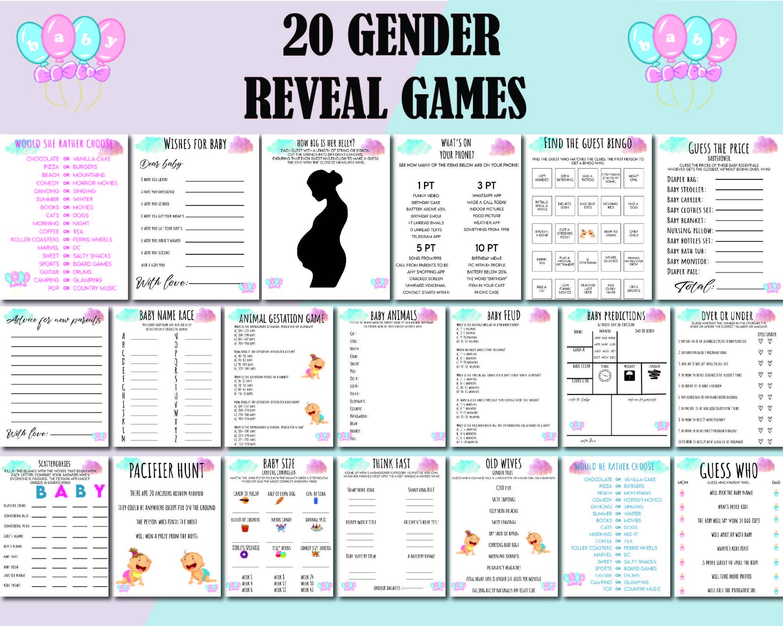 Gender Reveal Party Games, Printable Gender Reveal Activities, Gender ...