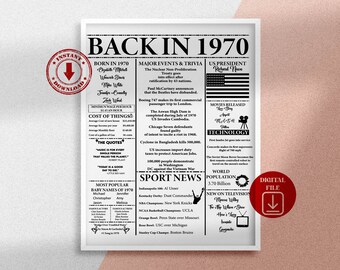 Back In 1970 PRINTABLE, 53rd Birthday Poster, 1970 Poster, Birthday printable poster, 53th Birthday Sign, 1970 Sign, 1970 printable poster