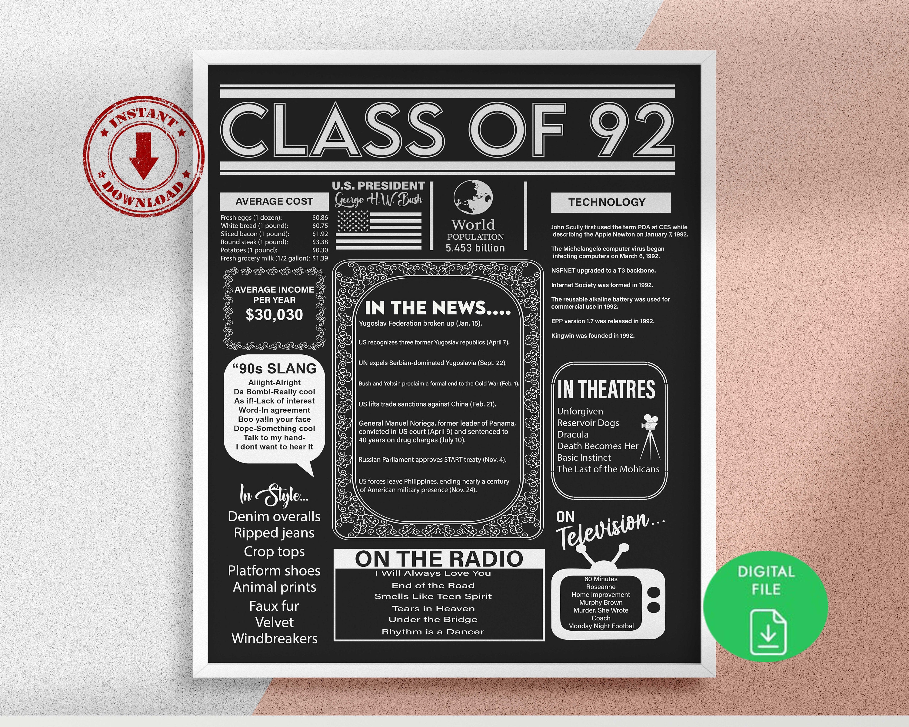 Class of 1992 PRINTABLE Sign, Class of 1992 Printable Poster, High School Reunion Decoration ...