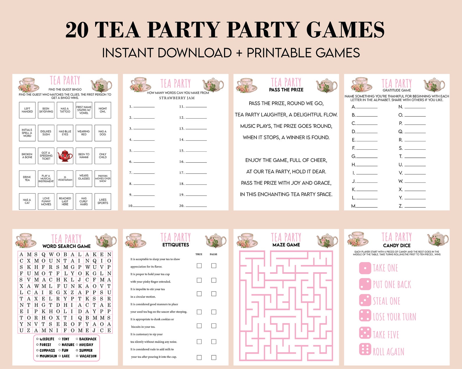 Tea Party Games Printable Bundle, Tea Party Activities, Ladies Tea ...