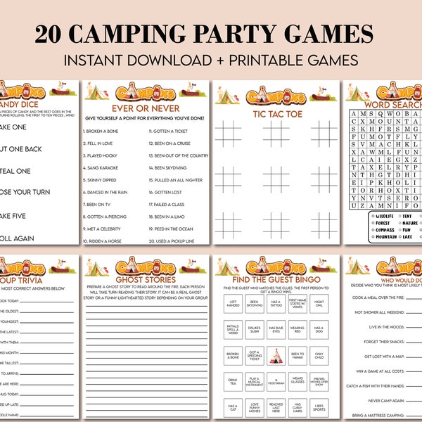 Camping Games Bundle, Camping Games Kids Adults, Campfire Games, Printable, Camping Activities, Family Campfire Party Ideas, Printable Games