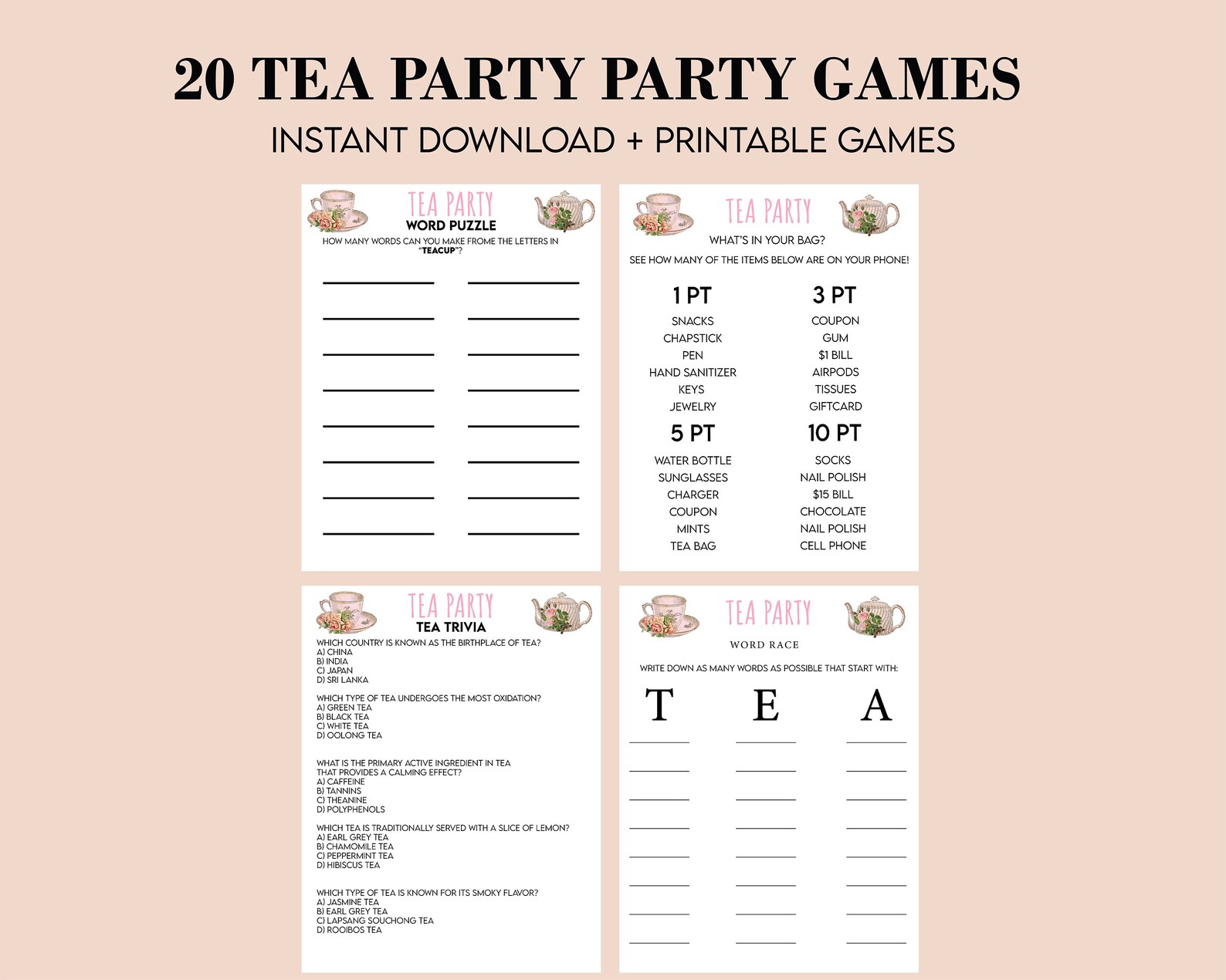 Tea Party Games Printable Bundle, Tea Party Activities, Ladies Tea ...