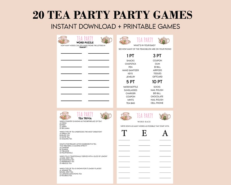 Tea Party Games Printable Bundle, Tea Party Activities, Ladies Tea ...