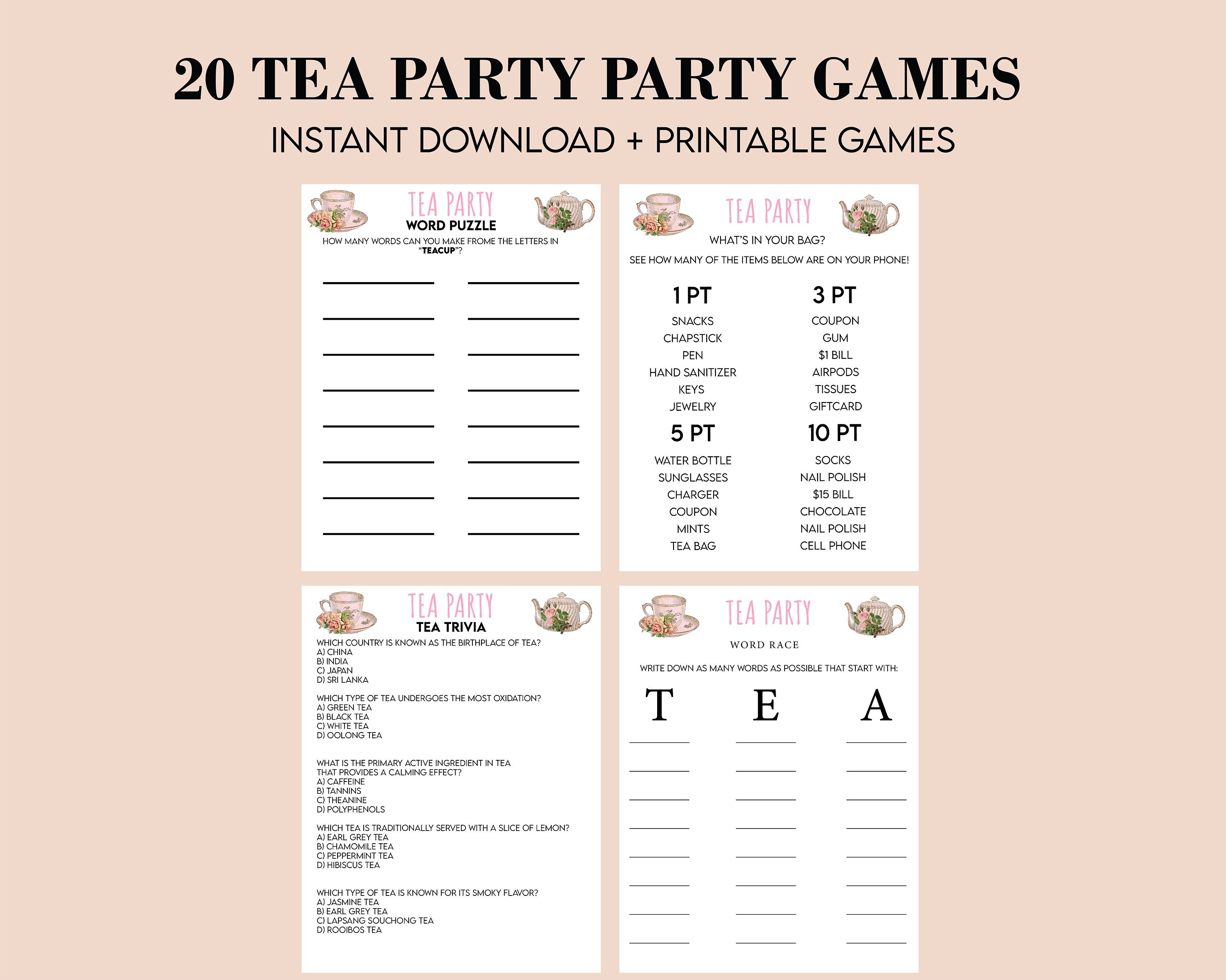 Tea Party Games Printable Bundle Tea Party Activities Ladies - Etsy