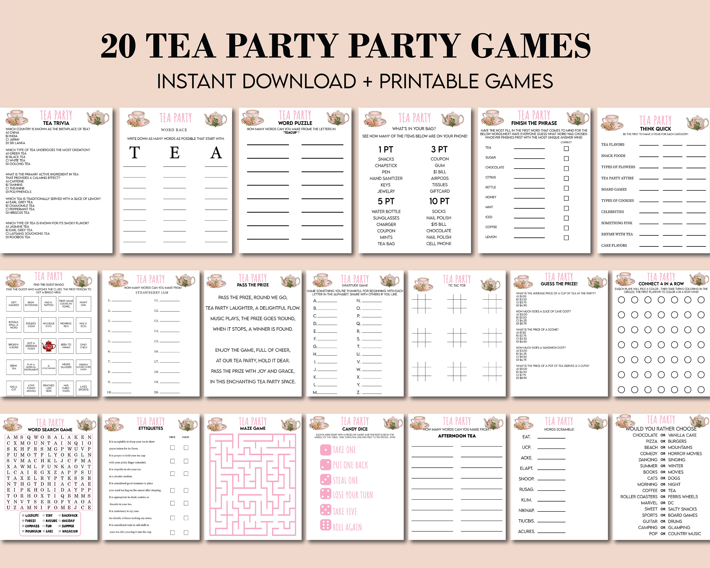 Tea Party Games Printable Bundle, Tea Party Activities, Ladies Tea