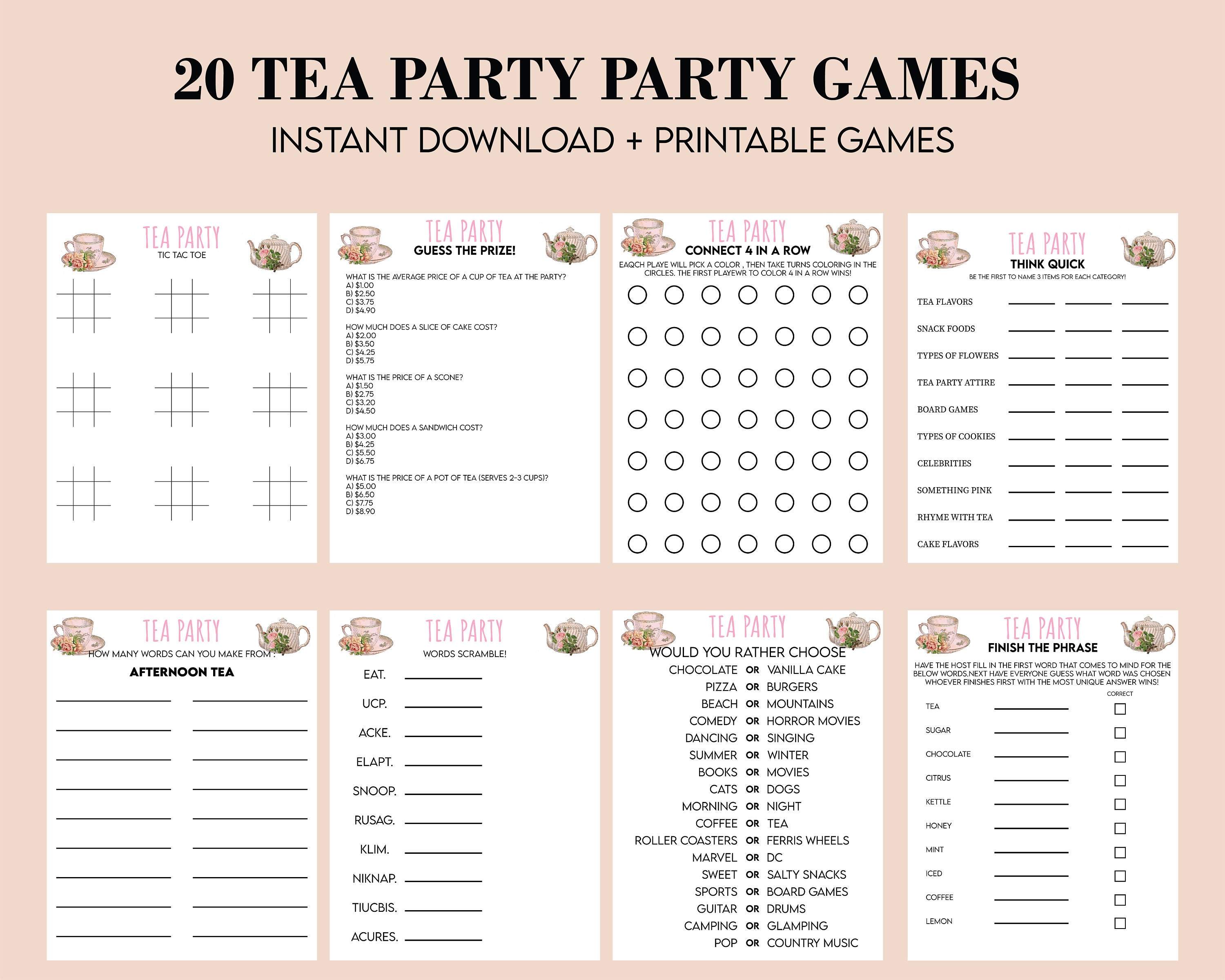 Tea Party Games Printable Bundle, Tea Party Activities, Ladies Tea ...