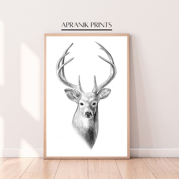 Black and White Deer Head Sketch | Pencil Drawing Printable Art | Rustic Wall Decor | Nature-Inspired Art | Elegant Deer Head Sketch | 130