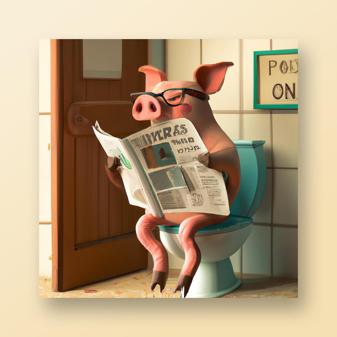 Print of a pig sitting on the toilet reading a newspaper image 1