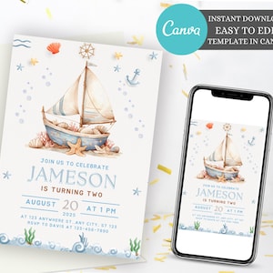 May include: A blue and white sailboat with a brown sail, surrounded by seashells, starfish, and bubbles. The text "Join us to celebrate Jameson is turning two August 20 at 1 PM 2025 at 123 Anywhere St, Any City, ST 123 RSVP to Davis at 123-456-7890" is printed on the invitation.