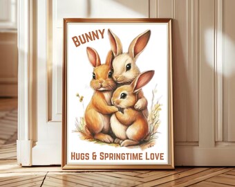 Cute Easter Bunny Print, Easter Printable Wall Art, Spring Rabbit in Flowerfield Painting Poster, Printable Wall Art, Instant Download,