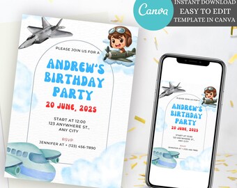 Editable Airplane Birthday Invitation, Modern Plane Invitation, Aviation birthday Invitation, Aviation Party Decor, Pilot birthday Invite
