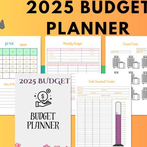 Könnte beinhalten: Ein Budgetplaner für 2025 mit einem Kalender, einem monatlichen Budget-Tracker, einem Reisefonds-Tracker und einem Debt-Snowball-Tracker. Der Planer hat ein Farbschema in Pink, Gelb und Grün.