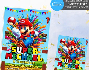 Editable Mario Bros Invitation, Super Mario Birthday Invitation, Super Brother boy Invite, Video Game Kid Invite Template, Mario Party evite
