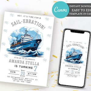 Invito di compleanno modificabile per barca a vela, Invito di compleanno nautico Ahoy, Invito alla festa Sail-Ebration, invito di compleanno istantaneo per barca blu