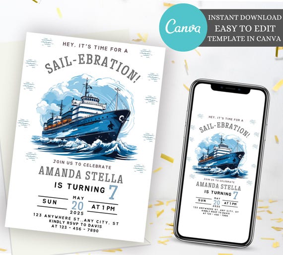 Editable Sail Boat Birthday Invitation, Ahoy Nautical Birthday Invitation, Sail-Ebration Party Invite, instant Blue boat birthday invitation