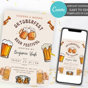 Könnte beinhalten: Eine Einladung zu einem Oktoberfest-Bierfest. Die Einladung ist mit Illustrationen von Bierkrügen und Trompeten verziert. Der Text auf der Einladung lautet: "Cheers & Beers! Oktoberfest Beer Festival Hosted by Benjamin Shah Friday Oct 25 at 1 PM 2025 123 Anywhere St., Any City Kindly RSVP to Davis at 123-456-7890"
