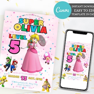 Princess Peach Invitation,  Super Mario Bros Princess Birthday Invite, Editable Download Peach Party Invitation, KidsTheme Party Invitation