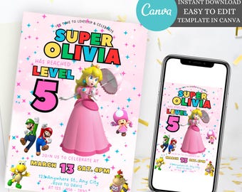 Princess Peach Invitation, Super Mario Bros Princess Birthday Invitation, Editable Download Peach Party Invitation, KidsTheme Party Invitation