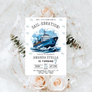 Editable Sail Boat Birthday Invitation, Ahoy Nautical Birthday Invitation, Sail-Ebration Party Invite, instant Blue boat birthday invitation