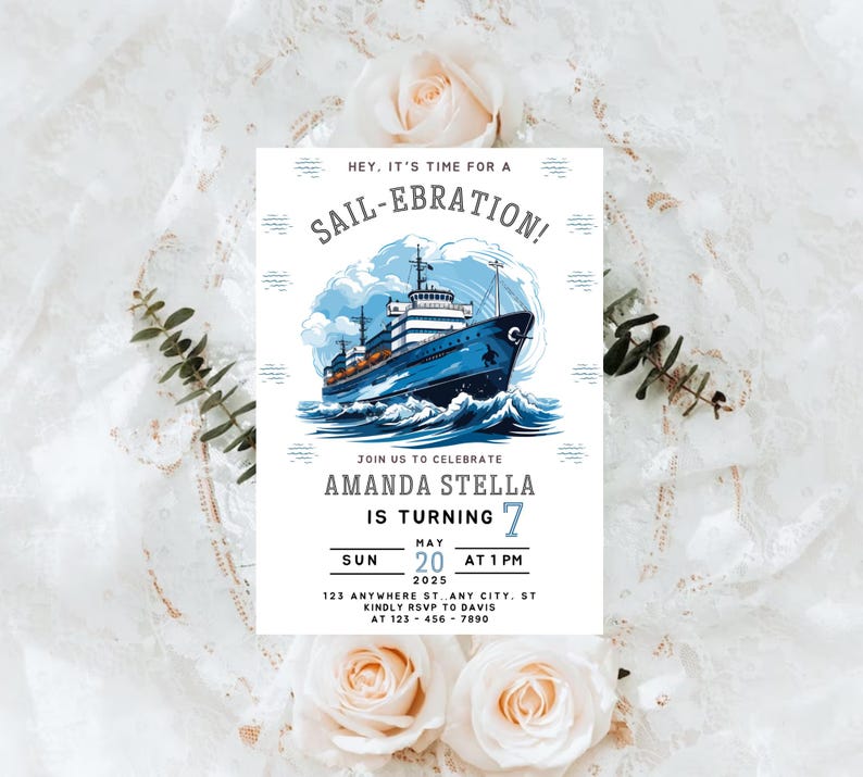 Editable Sail Boat Birthday Invitation, Ahoy Nautical Birthday Invitation, Sail-Ebration Party Invite, instant Blue boat birthday invitation