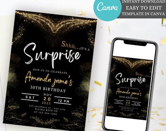 Surprise Birthday Party Invite, It's a Surprise Party Digital Invitation, Modern Surprise Birthday Invite, Canva Instant Download Template