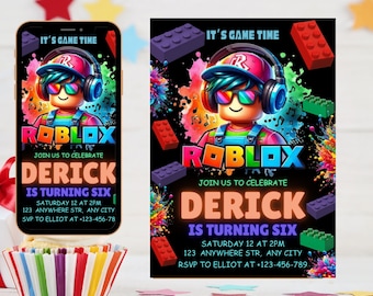 Può includere: Un invito di compleanno vivace con un personaggio di Roblox con cuffie e occhiali da sole. L'invito include il testo "It's Game Time", "Roblox" e i dettagli per la festa del sesto compleanno di Derick.